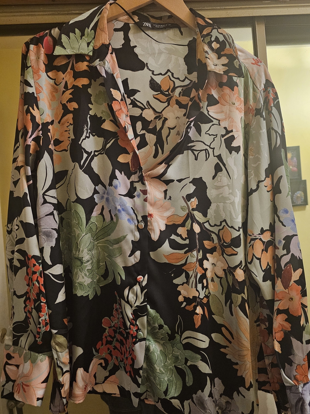Zara Black Satin Floral Button-Front Blouse with Green, Peach and Cream Blooms